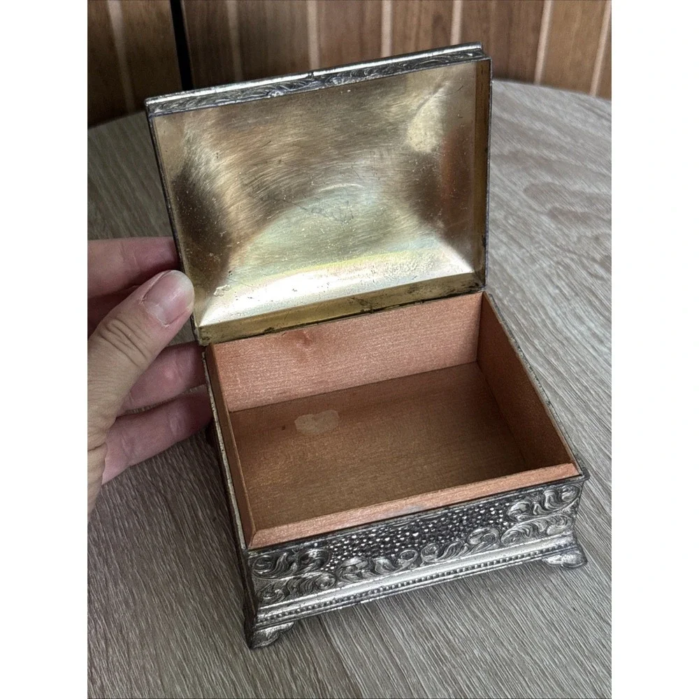Vintage Japan Ornate Metal Trinket Box Silver Tone Floral Jewelry